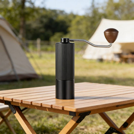 Hand Crank Coffee Grinder Stainless Steel Burr Mill Portable Black Wood Knob