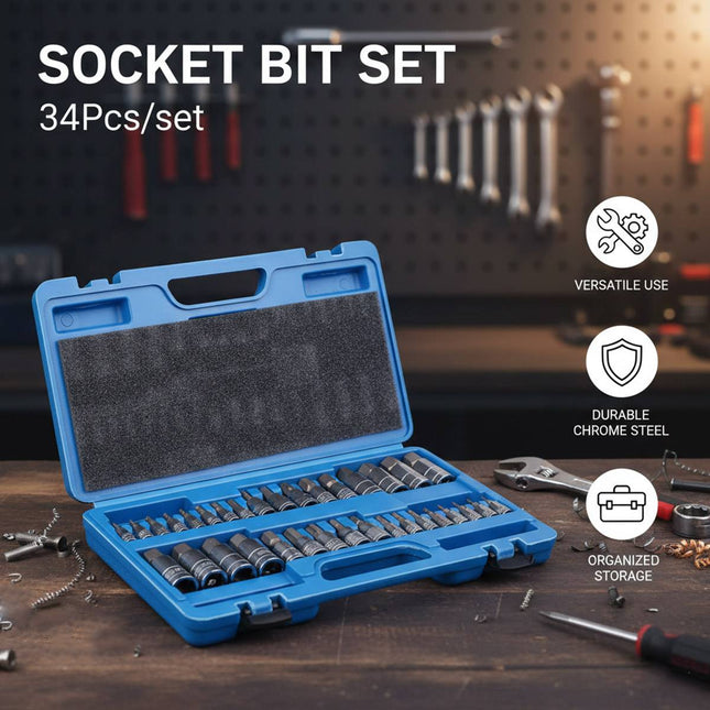 34 Piece Bit Socket Set Hex Torx Spline Chrome Vanadium Steel Mechanic Tool Case