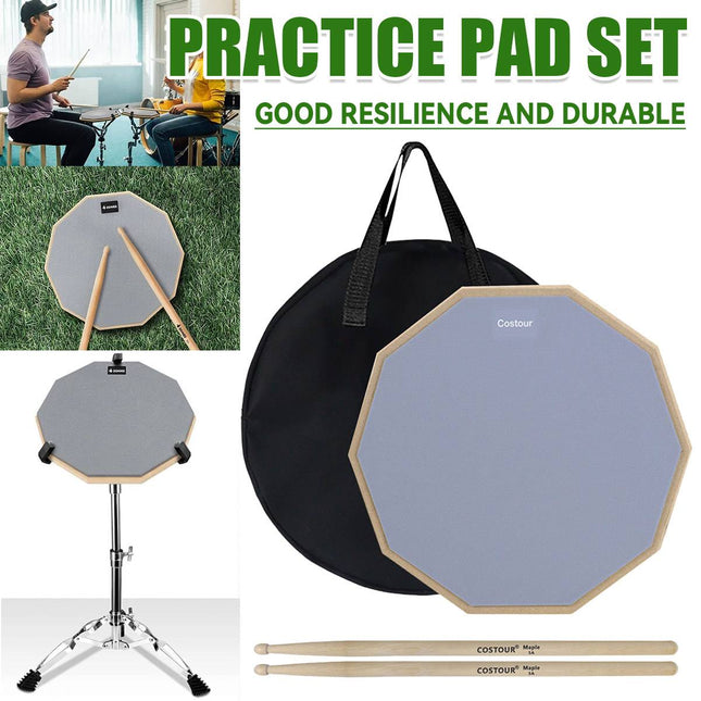 Drum Practice Pad Set 12 inch Maple Drumsticks Portable Carry Bag 3 Piece