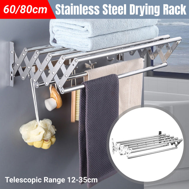 Retractable Stainless Steel Clothes Drying Rack Towel Holder Anti Rust Wall Mounted
