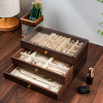 Multi Layer Wooden Jewelry Box Walnut Grain with Compartments Drawers Display