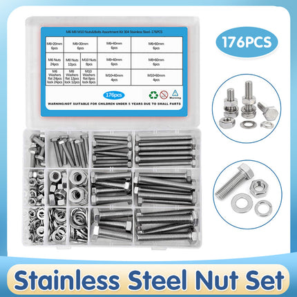 176PCS Stainless Steel Nut Set Silver Hardware Fasteners for Car Home DIY Repair