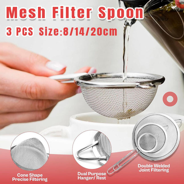 Premium 3pcs Stainless Steel Handheld Flour Sifter Mesh Strainer Funnel Set