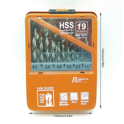 19pcs Straight Shank Twist Drill Bit Set High Speed Steel Metal Drilling Tool