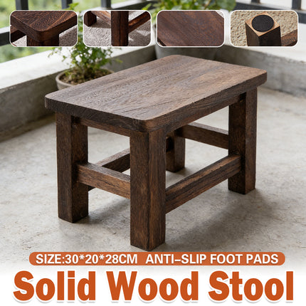 Solid Wood Low Stool Vintage Shoe Changing Home Entryway Retro Footstool Brown