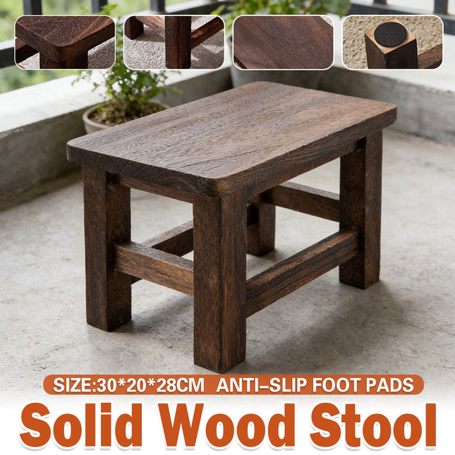 Solid Wood Low Stool Vintage Shoe Changing Home Entryway Retro Footstool Brown