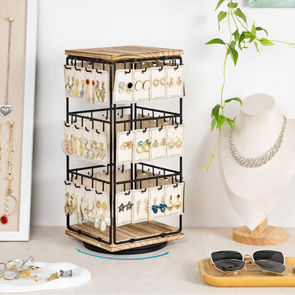 360 Rotation Earring Display Stand Wood Iron Holds 48 Pairs Jewelry Organizer