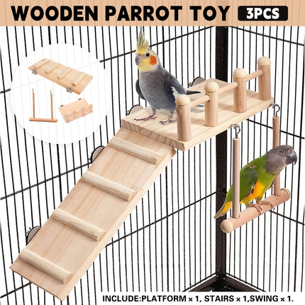 Wooden Parrot Platform Ladder Swing Toy 3 Piece Set Natural Wood Non Toxic