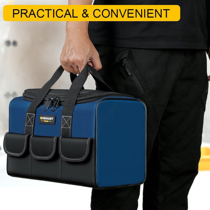 Tradie carrying large capacity Oxford cloth tool bag by hand - practical and convenient hand carry design for on-site work