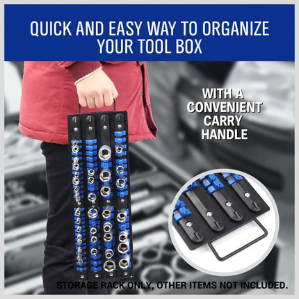 Socket Rack 4 Row 1/4 3/8 1/2 Drive Rail Wall Mounted Tool Holder