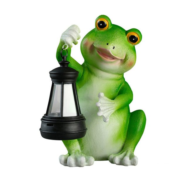 Realistic Frog Resin Sculpture with Solar Lantern for Garden and Yard