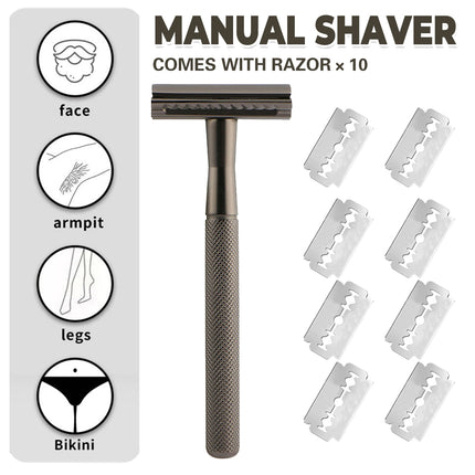 Double Edge Safety Razor Manual Shaver Diamond Grip Grey 10 Blades 4.3 x 10.8cm