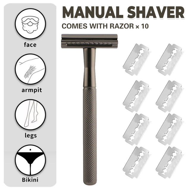 Double Edge Razor Manual Wet Shave Diamond Grip Grey 10 Blades 4.3 x 10.8cm