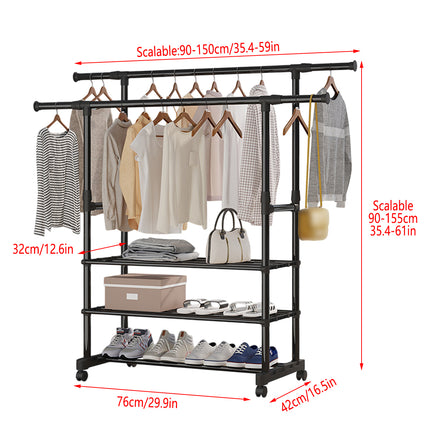 3-Tier Adjustable Height Rolling Clothes Rack Retractable Moveable with Wheels