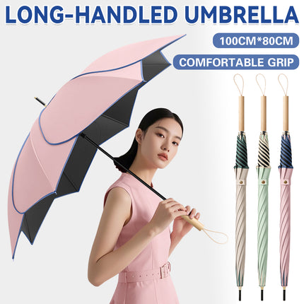 Long Handled Umbrella Petal Shape Dual Use Sun Rain 100cm Steel Wooden Handle