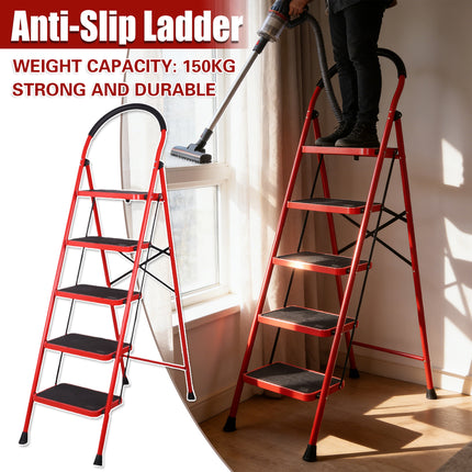5 Step Folding Ladder Anti-Slip 150kg Load Capacity Durable Platform Step Ladder