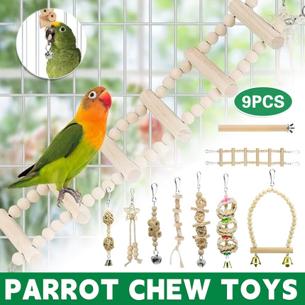 Bird Chew Toys Wooden Color 9-Piece Set Swing Hanging Bridge for Parrots AUS