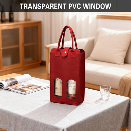 Wine Gift Bag Felt Double Bottle Clear Window Snap Closure Handle Carrier