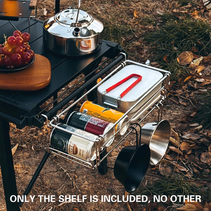 Folding Table Extension Rack Outdoor Camping Storage Shelf With Hanging Basket