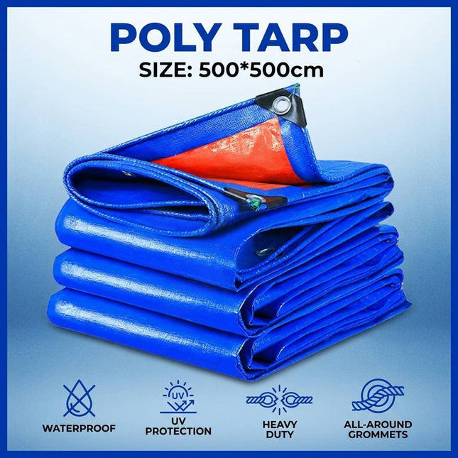 Blue Orange Waterproof Poly Tarp Cover 5x5m