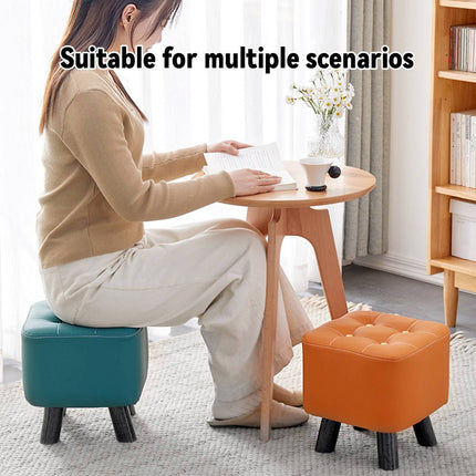 Small Upholstered Stool Square Ottoman Wood Legs Waterproof Leather Footrest