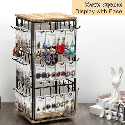 360 Rotation Earring Display Stand Wood Iron Holds 48 Pairs Jewelry Organizer