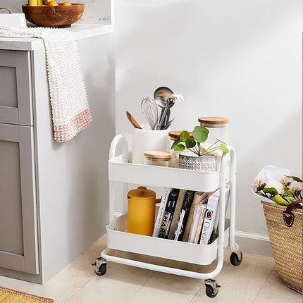 2 Tier Trolley Cart Storage Utility Rack Swivel Shelf Organizer Green White