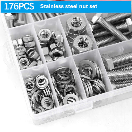 176PCS Stainless Steel Nut Set Silver Hardware Fasteners for Car Home DIY Repair