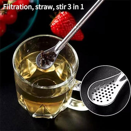 5pcs Stainless Steel Straw Spoon Removable Filter Reusable Tea Juice Stirrer