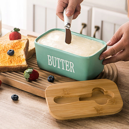 Ceramic Butter Box Basic Model Wooden Lid With Knife Refrigerator Cheese Box