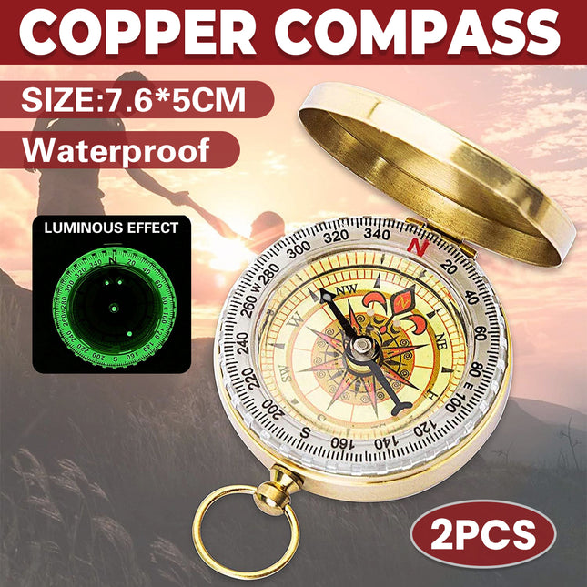 2PCS Copper Compass with Flip Cover and Hook Nightlight Camping Navigation