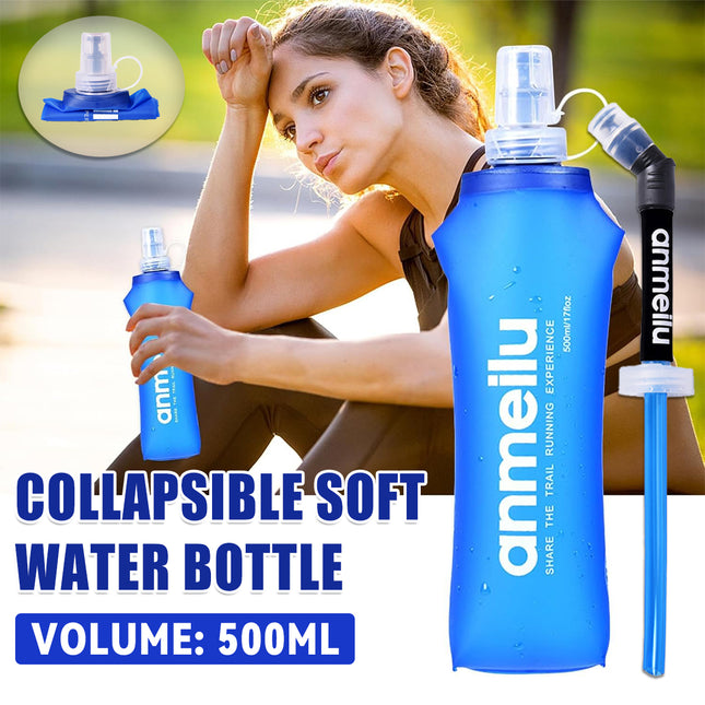 Collapsible Water Bottle 500ml Soft TPU with Straw Foldable Running Hiking