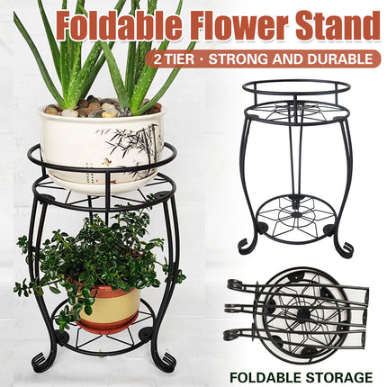 Foldable Plant Stand 2 Tier Metal Flower Shelf for Indoor Outdoor Garden Use
