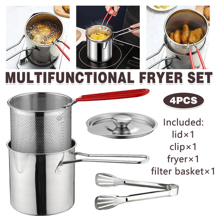4PCS Stainless Steel Fryer Set Basket Lid Clip Induction Stove Cooking Pot