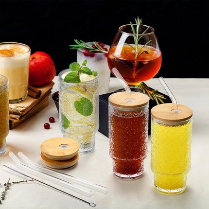 4PCS 11OZ Juice Cup with Lid and Straw Creative Glass Drink Cup for Home Office