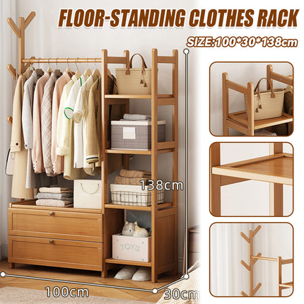 Bamboo Floor-Standing Coat Rack Indoor with Storage Drawer Space Saving Stable