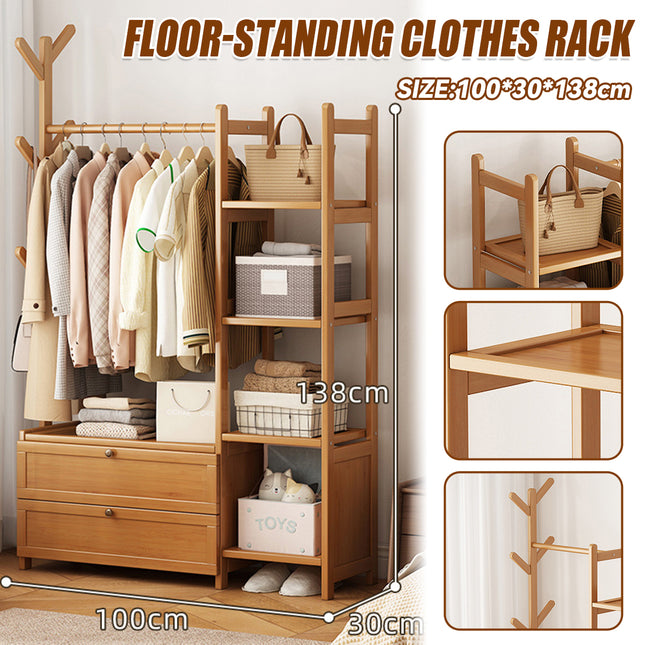 Bamboo Floor-Standing Coat Rack Indoor with Storage Drawer Space Saving Stable