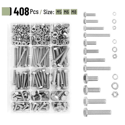 408PCS Stainless Steel Hex Bolts Nuts Washers Assortment Set with Storage Box