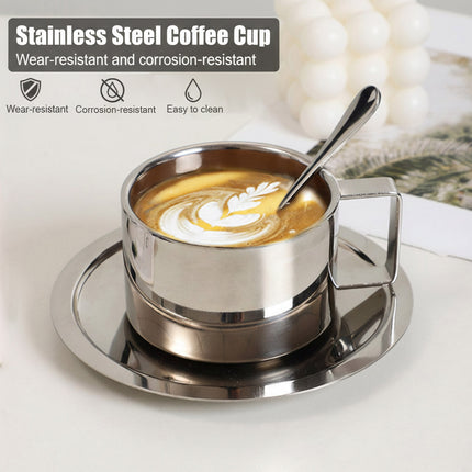 200ml Stainless Steel Espresso Coffee Cup Saucer and Spoon Set Milan Style