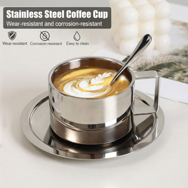 200ml Stainless Steel Espresso Coffee Cup Saucer and Spoon Set Milan Style