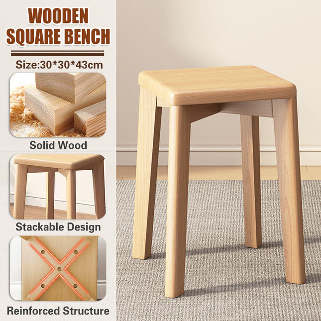 Solid Wood Square Stool Stackable Seat for Dining Desk Makeup Living Room