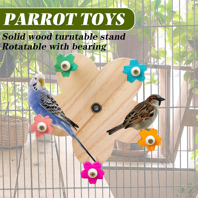 Rotating Wooden Bird Toy Parrot Ferris Wheel Cage Play Stand Turntable Spinner