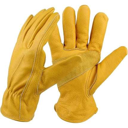 Golden Yellow Cowhide Work Gloves Full Finger Gardening DIY Home Maintenance Use