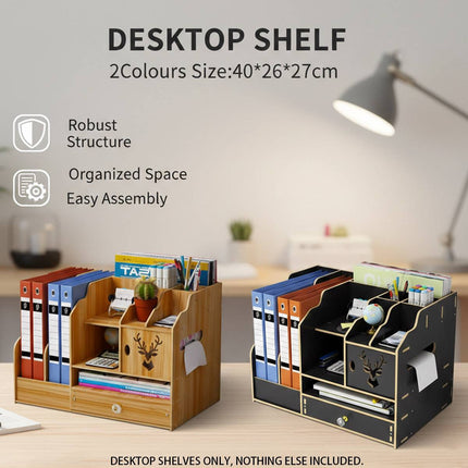 Wooden Desktop Storage Rack Office File Holder Organiser Drawer Black Wood Grain