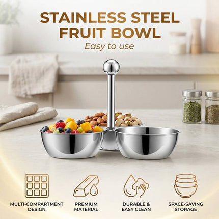 Stainless Steel 3 Bowl Snack Serving Tray Handle