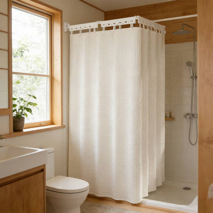 Shower Curtain Set Hidden Foldable Rod No Drill White Curtain Wet Dry Separation