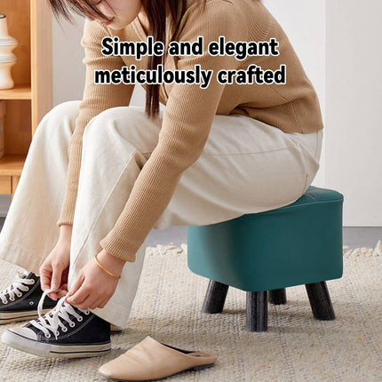Small Upholstered Stool Square Ottoman Wood Legs Waterproof Leather Footrest