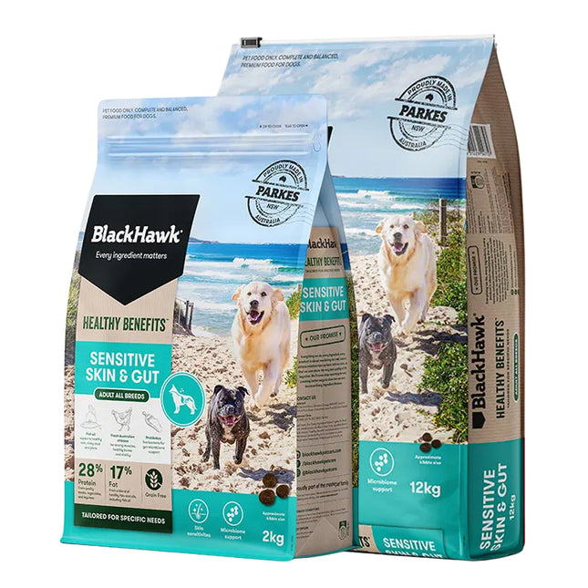 Black Hawk Sensitive Skin and Gut formula Healthy Benefits Adult Dog Food 2kg or 12kg