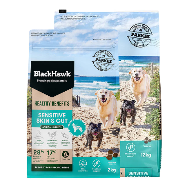 Black Hawk Sensitive Skin and Gut formula Healthy Benefits Adult Dog Food 2kg or 12kg