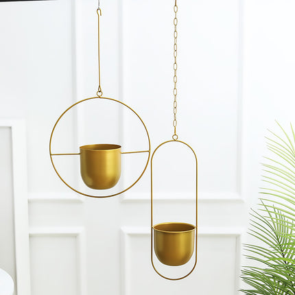 2pcs Gold Iron Hanging Planter Circle Oval Flower Pot for Indoor Outdoor Decor